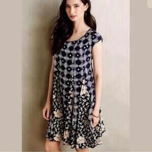 Anthropologie Maeve Indiga Swing Sun Dress Navy Blue Lace Up Back Size Medium
